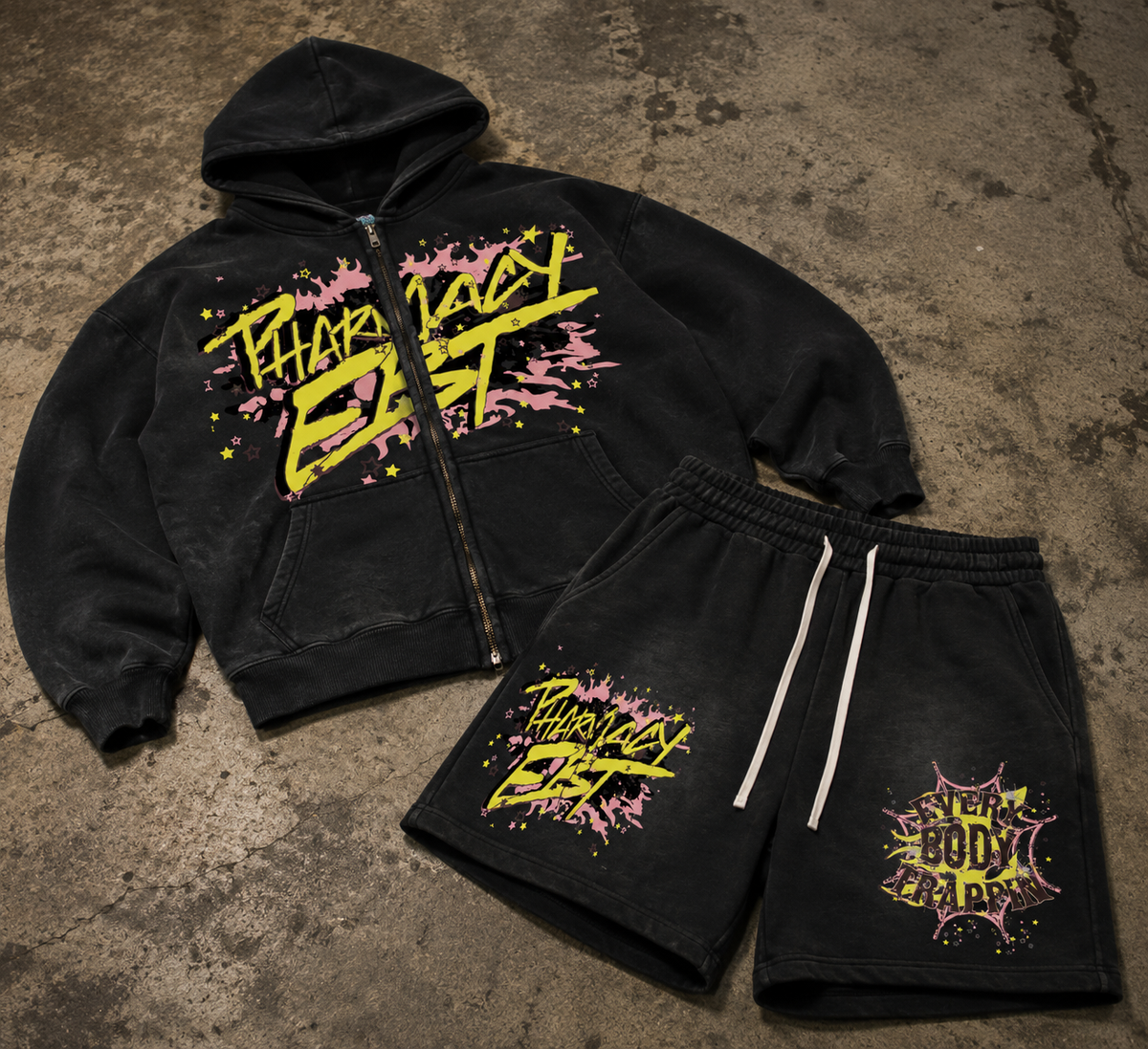 Pharmacy EBT Faded Black Zip Hoodie and Shorts