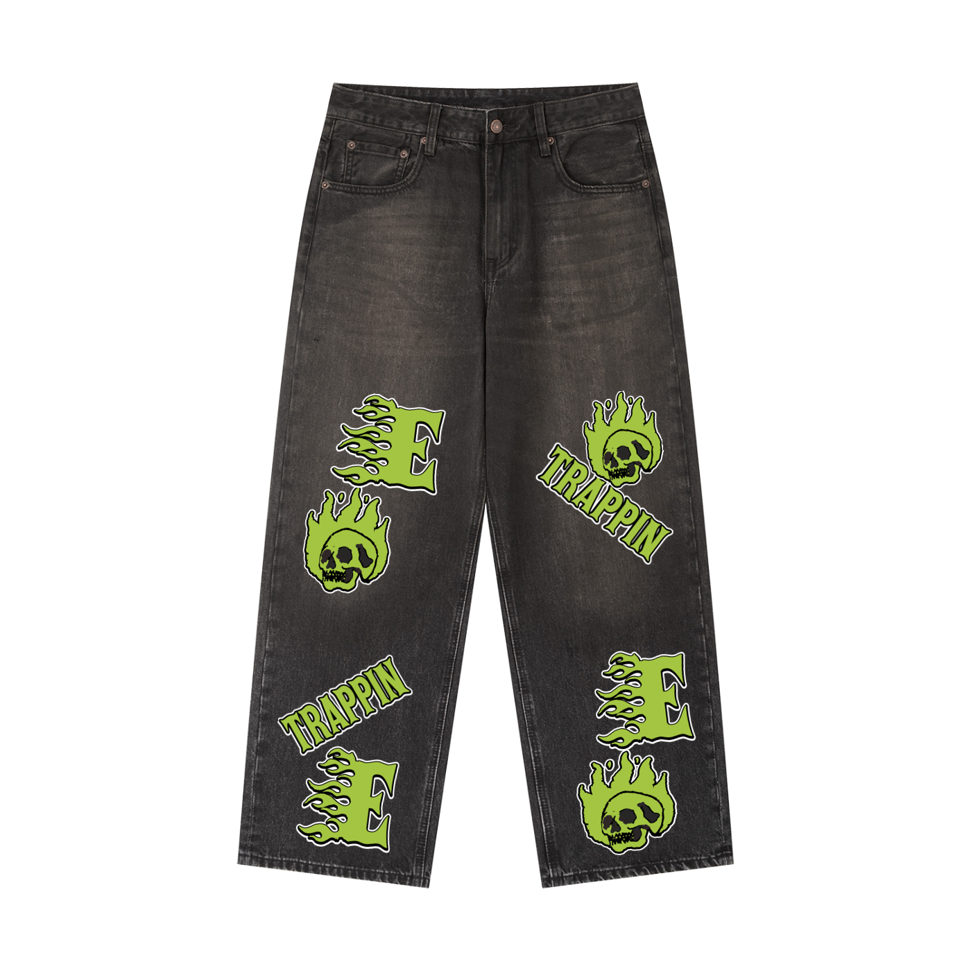 Every Body Trappin Green - Black Denim Baggy Jeans