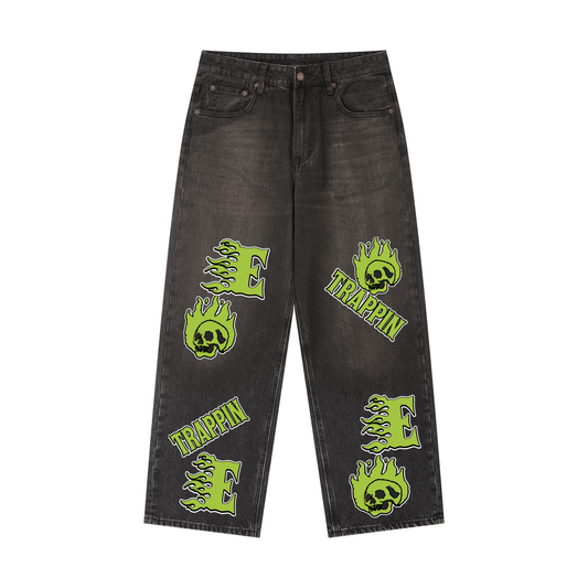 Every Body Trappin Green - Black Denim Baggy Jeans