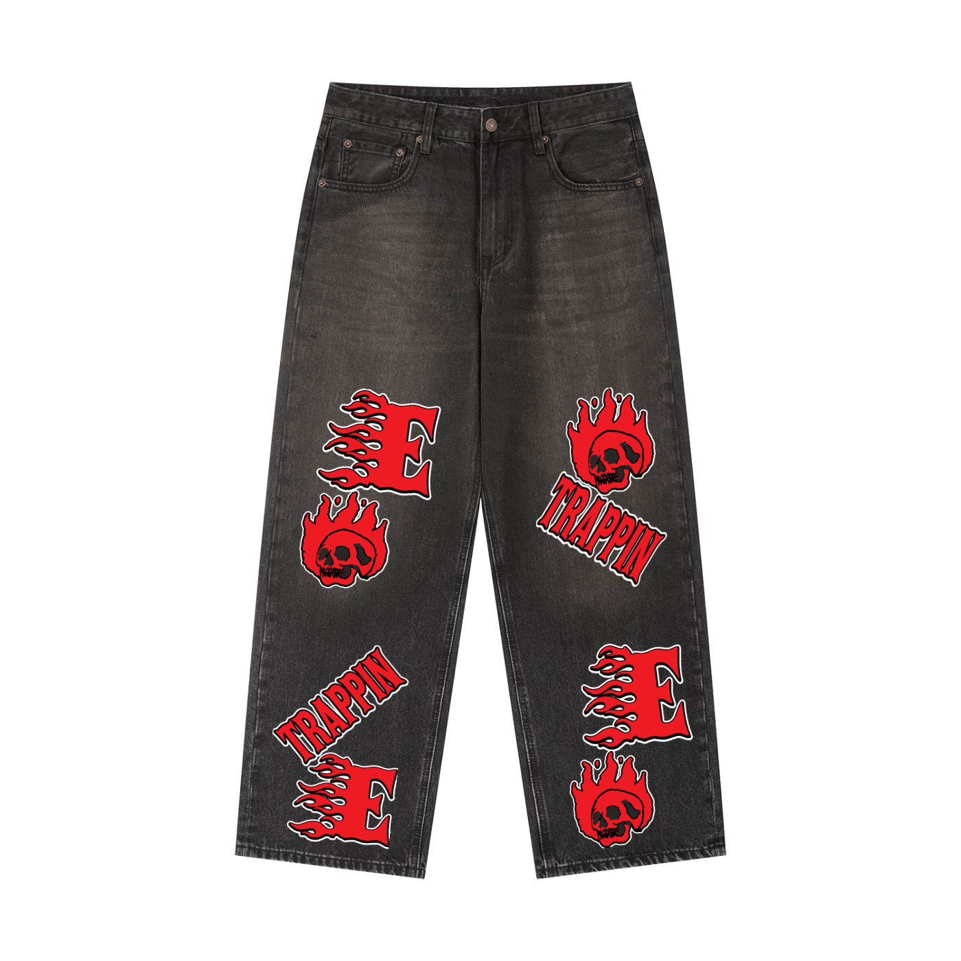 Every Body Trappin Red - Black Denim Baggy Jeans