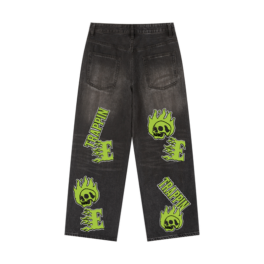 Every Body Trappin Green - Black Denim Baggy Jeans