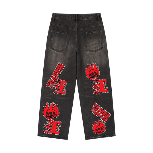 Every Body Trappin Red - Black Denim Baggy Jeans