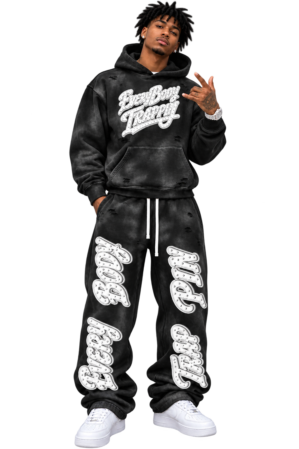 Every Body Trappin Distress Faded Hoodie and Sweatpants